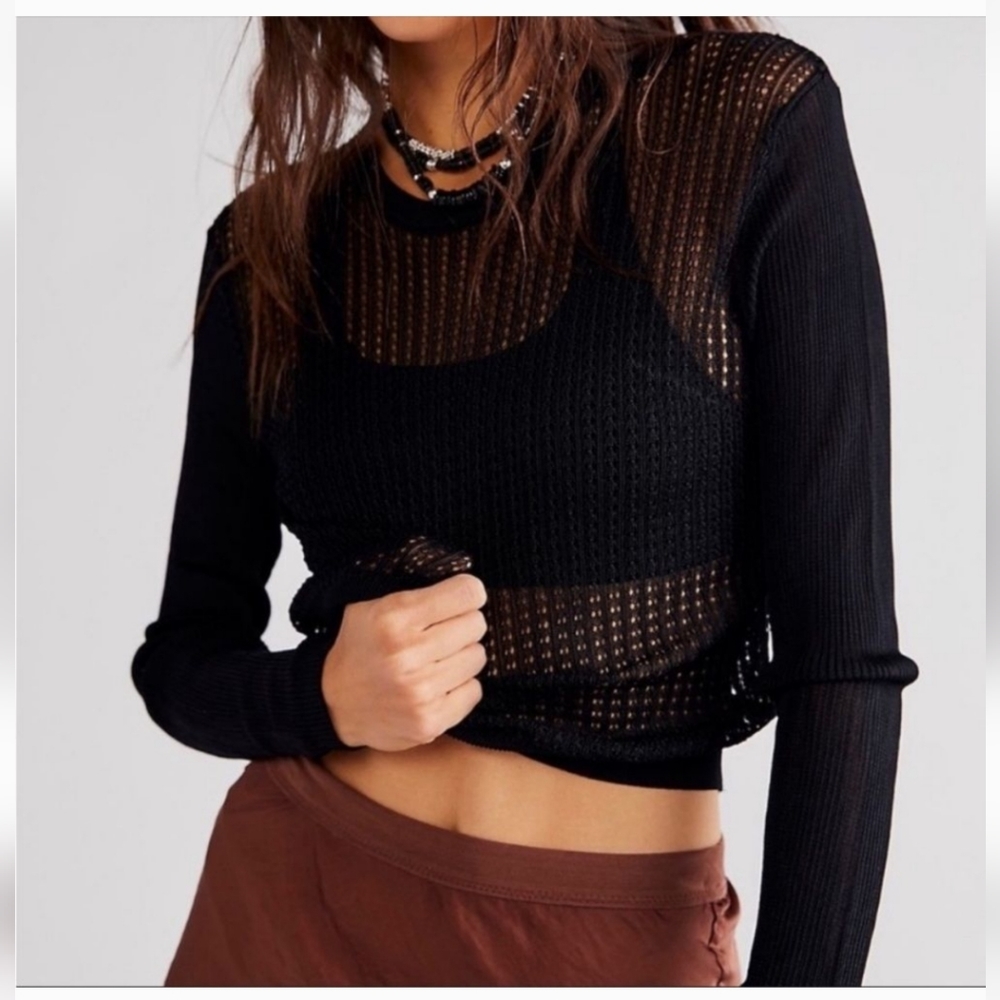 Free People NWT H20 Crew Pullover Mesh Black Sweater. Size Xl